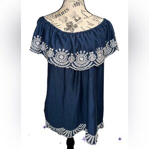 Fever Navy Blue Off-Shoulder Blouse with White Embroidery